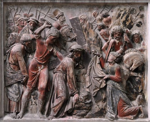 Bas–relief des scènes de la Passion : Véronique essuie la face de Jésus, XVIe siècle.