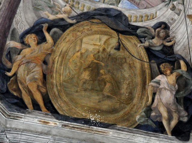 Médaillon central dans la peinture du croisillon droit : est–ce l'ordination d'Ignace et de ses compagnons à Venise en 1537 
