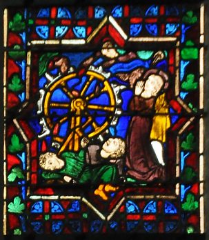 Baie 100, détail : Vie de sainte Catherine, le supplice de la roue, XIIIe siècle