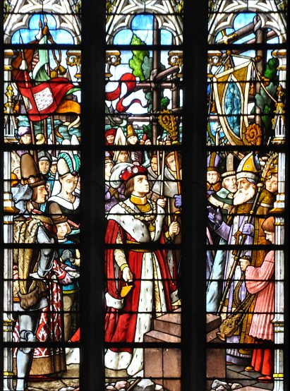 Baie 101 : «Le duc Jean IV pose la première pierre de Notre-Dame de Bonne Nouvelle», scène centrale