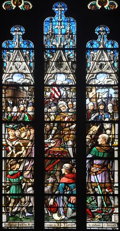 Baie 102 : «Un courrier du duc Jean annonce à Jeanne de Flandre la victoire d'Auray», ensemble du vitrail