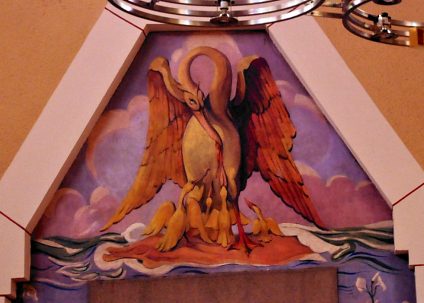 Peinture du Louis garin dans le chœur : le pélican nourrit ses petits de sa propre chair
