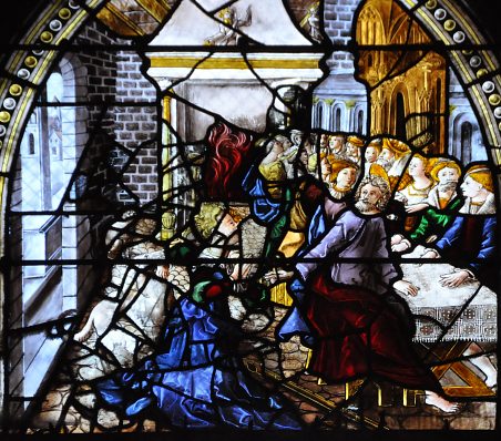 «Les Noces de Pélagie» (vers 1533) : saint Thomas regarde le Ciel pendant le repas.