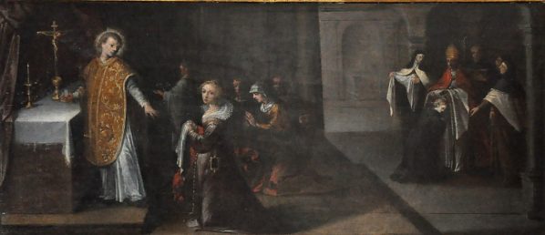 Saint Amâtre refuse de donner la communion à Palladie parce qu'elle est couverte de bijoux (tableau du XVIIe siècle)