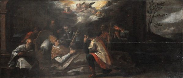 Légende de saint Amâtre : La Mort de saint Amâtre, sixième évêque d'Auxerre (tableau du XVIIe siècle)