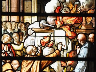 Le miracle de Faverney : le feu qui ravage l'autel va épargner l'ostensoir (détail)