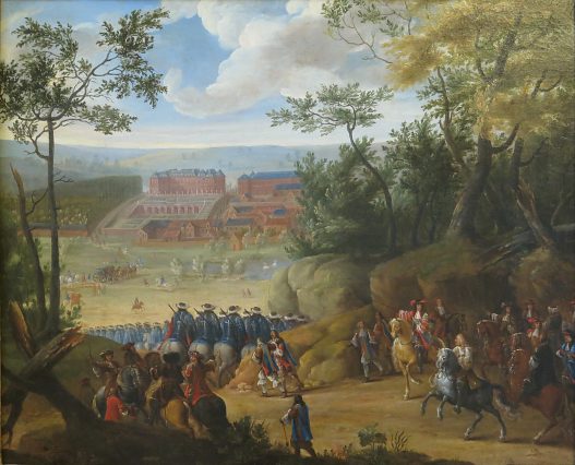 «Vue du château de Versailles avec Louis XIV et une compagnie de mousquetaires, 1668»