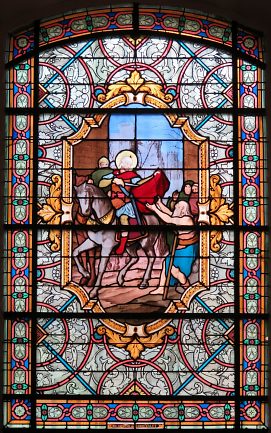 Vitrail : saint Martin donnant une partie de sa cape (atelier Haussaire, Reims, autour de 1900)