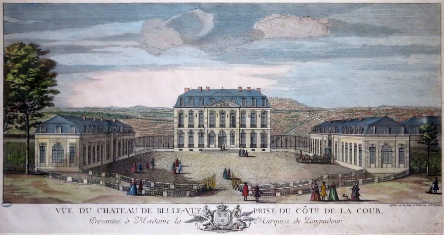 Jean-Baptiste Rigaud : «Vue du château de Bellevue prise du côté de la cour présentée à Mme de Pompadour», seconde moitié du XVIIIe siècle, eau forte aquarellée