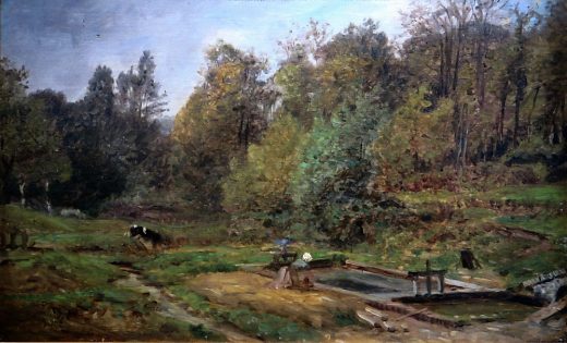 Paul Huet (1803-1869) : «Lavoirs en forêt près de Pont-Audemer», 1866, Huile sur panneau