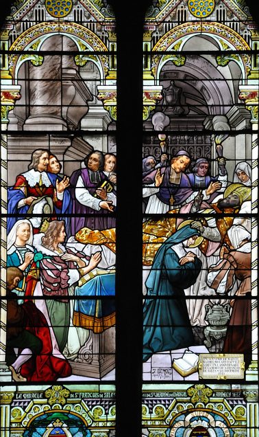Vitrail de la baie 23 : Le Miracle de saint François de Sales et de sainte Jeanne de Chantal
