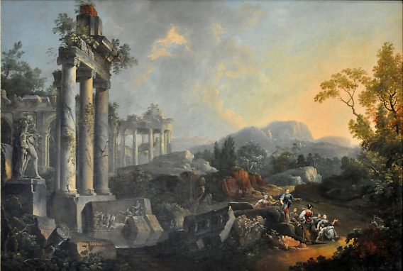 «Paysage de fantaisie avec ruines antiques» de Jean–Baptiste Claudot (1733–1805), huile sur toile