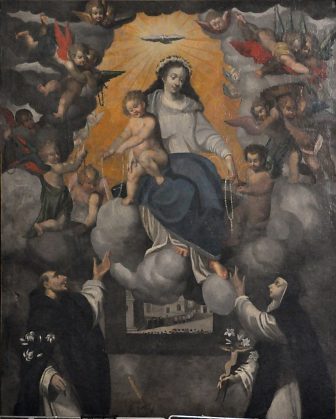 «La Vierge donnant le Rosaire à saint Dominique et sainte Catherine», vue partielle
