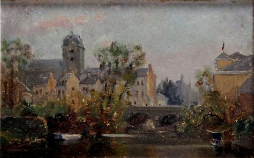 «Alençon les bords de la Sarthe», huile sur carton, XIXe siècle