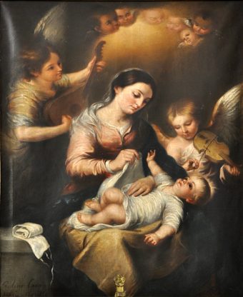 Tableau "la Vierge langeant l'Enfant", copie d'une toile de Murillo