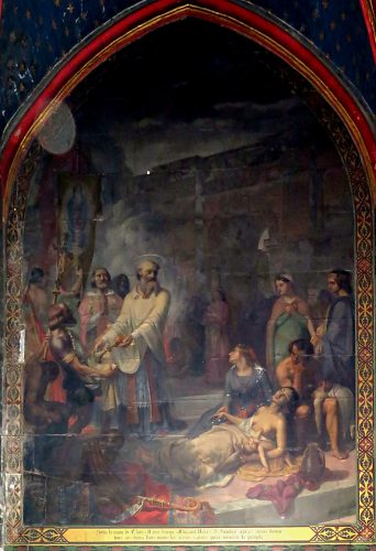Chapelle Saint-Landry, peinture murale : «Landry nourrit le peuple de Paris pendant une famine» par Joseph Guichard (1843)