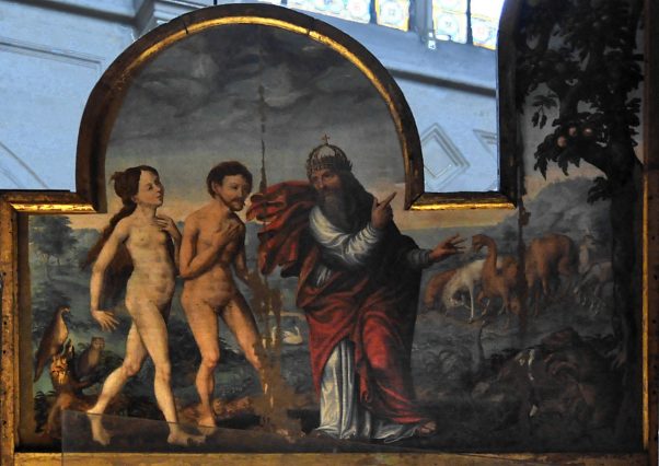 Triptyque marial, panneau peint : Dieu introduit Adam et Ève au jardin d'Éden