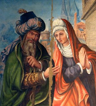 Triptyque marial, détail d'un panneau peint : Anne et Joachim dans la Présentation de Marie au temple