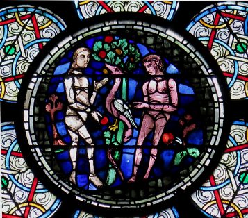 Tentation d'Adam et Ève, vitrail 1225-1230 dans la chapelle  Saint-Guillaume