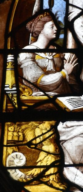 Tympan du vitrail de la baie 13 : Jésus chež Marthe et Marie de Béthanie – détail : Marie