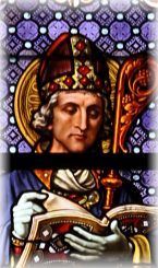 Saint Fulgence dans un vitrail des hautes fenêtres de la nef