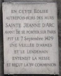 Plaque commémorative de la venue de Jeanne d'Arc dans l'église