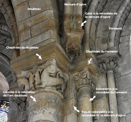 Travée droite : pas de décalage de niveau entre le chapiteau du doubleau et le chapiteau du formeret.