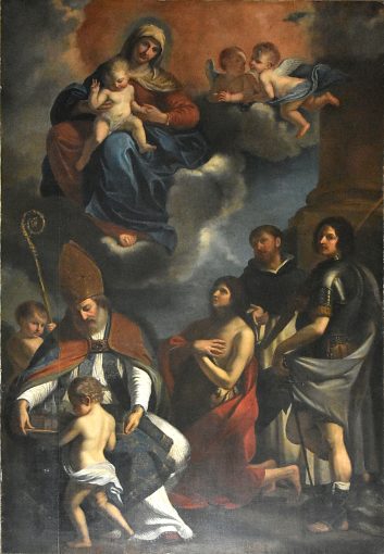 «Vierge à l'Enfant avec saint Georges, saint Pierre de Vérone, saint Sébastien et saint Géminien» XVIIe siècle, copie d'un tableau du Guerchin. 