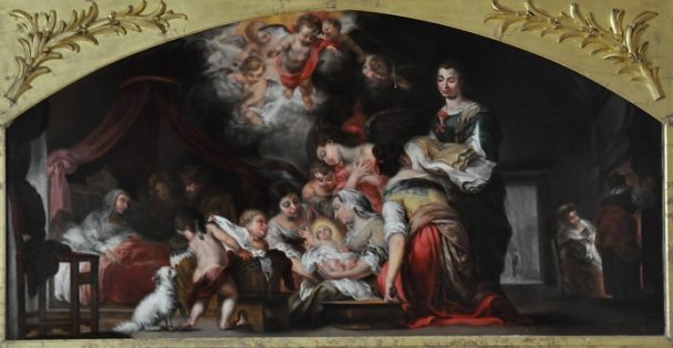 Tableau au-dessus des fonts baptismaux : La Naissance de la Vierge (auteur inconnu)