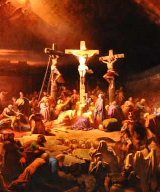 Glace peinte dans la crypte ; 'La mort de Jésus' 