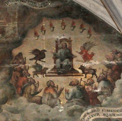 Peinture de l'Apocalypse : Le Père céleste entouré du Tétramorphe et des vieillards.