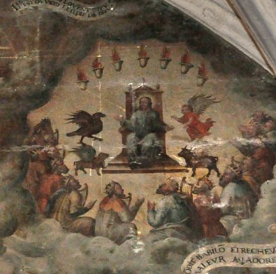 Peinture de l'Apocalypse : Le Père céleste entouré du Tétramorphe et des vieillards. Peinture de l'Apocalypse : Le Père céleste entouré du Tétramorphe et des vieillards.