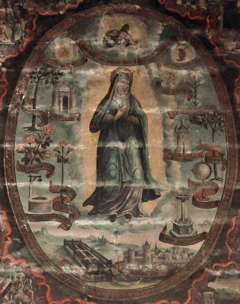 La Vierge du Rosaire : la mandorle centrale est ornée des symboles des litanies (1577). La Vierge du Rosaire : la mandorle centrale est ornée des symboles des litanies (1577).