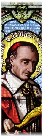 Saint Charles Borromée dans un vitrail de Gustave Bourgeois, 1875, détail Saint Charles Borromée dans un vitrail de Gustave Bourgeois, 1875, détail