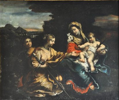 Tableau d'une Vierge à l'Enfant aidée par des anges