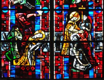 Vitrail de la vie de saint Ferréol et de saint Ferjeux dans l'abside, détail.