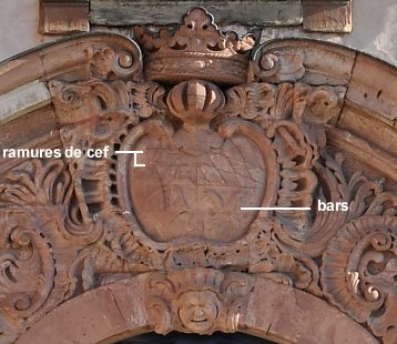 Le fronton de la porte d'entrée avec les armoiries des ducs de Montbéliard
