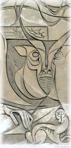 Le taureau de Luc dans la fresque de Robert Lesbounit sur la façade Le taureau de Luc dans la fresque de Robert Lesbounit sur la façade