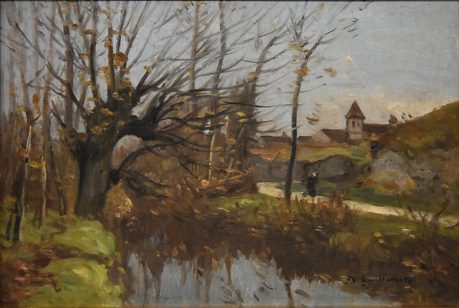 Antoine Guillemet (1841-1918) : «Église de Saint-Pardoux de Mareuil-sur-Belle», 1912, Huile sur bois