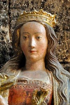Statue polychrome de la Vierge à l'Enfant, détail Statue polychrome de la Vierge à l'Enfant, détail