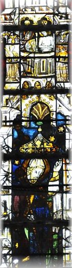 Saint évêque dans le vitrail de la baie 13 (vers 1400)