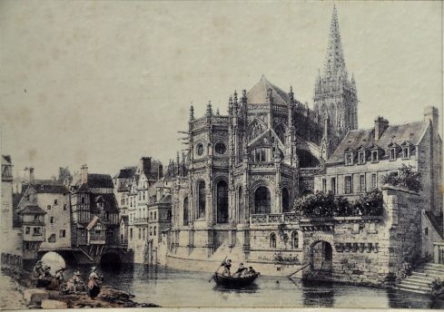 L'église Saint–Pierre au XIXe siècle avec le chevet se miroitant dans l'Odon