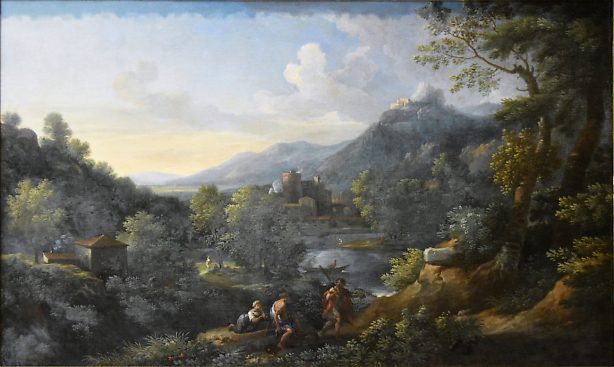 «Paysage avec trois figures, un lac et un château»