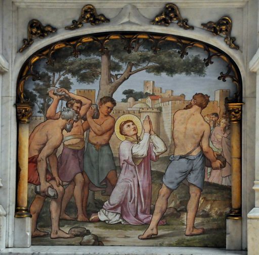 «La lapidation de saint Étienne», peinture dans  le soubassement du maître-autel, XIXe siècle