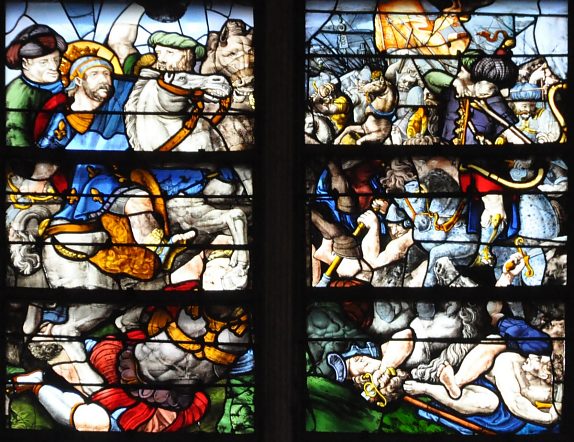 Registre des Trois scènes de la vie de saint Louis, vitrail  de la baie 124, détail.