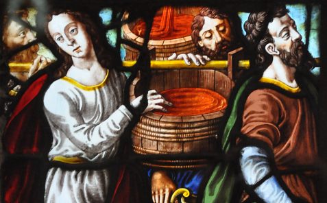 Le Pressoir mystique, détail : Saint Jean et saint Matthieu portent les cuves aux Pères de l'Église