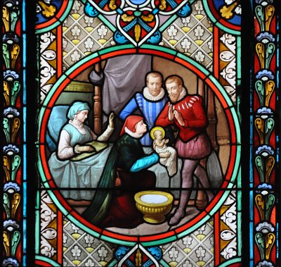 La naissance de François de Sales (vitrail de l'atelier Henri Chabin, fin du XIXe siècle)