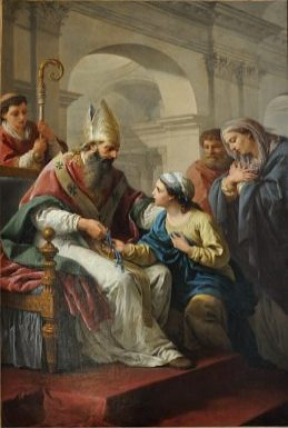 «Saint Germain d'Auxerre donnant une médaille à sainte Geneviève» de Lagrenée