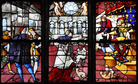 Vitrail de la vie de saint Romain : le roi Dagobert accorde le privilège de la fierte au chapitre de la cathédrale Vitrail de la vie de saint Romain : le roi Dagobert accorde le privilège de la fierte au chapitre de la cathédrale