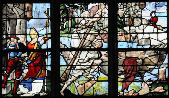 Vitrail de la vie de saint Romain (1540) : saint Romain arrête la crue de la Seine Vitrail de la vie de saint Romain (1540) : saint Romain arrête la crue de la Seine